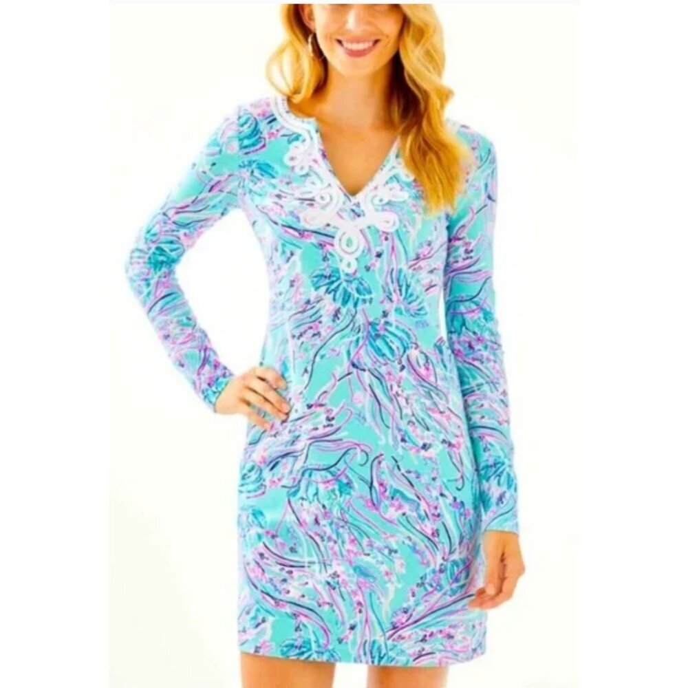 Lilly Pulitzer Harper Shift Dress Long Sleeve Bayside Blue Stretch Medium